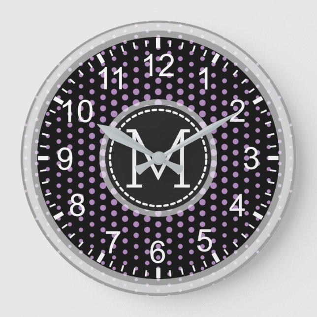 African Violet Polka Dots Modern Monogram Large Clock (Front)