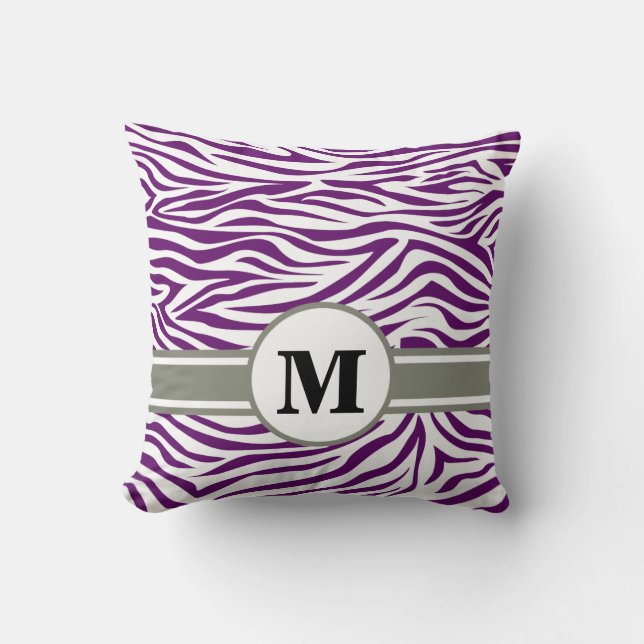 African Violet Safari Zebra with Monogram Throw Pillow (Front)