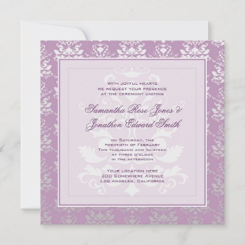 African Violet &amp; Silver Damask Photo Wedding Custom Announcements