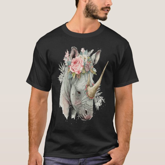 African Watercolor Rhinozeros Flower Crown Safari  T-Shirt (Front)