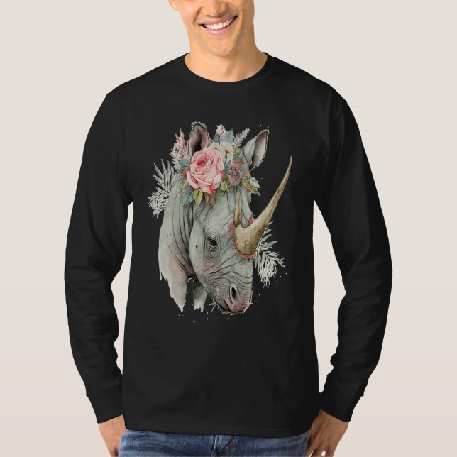 African Watercolor Rhinozeros Flower Crown Safari  T-Shirt (Front)