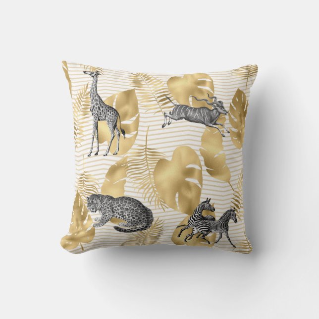 African Wild Animals & Faux Gold Leaves Throw Pillow (Front)