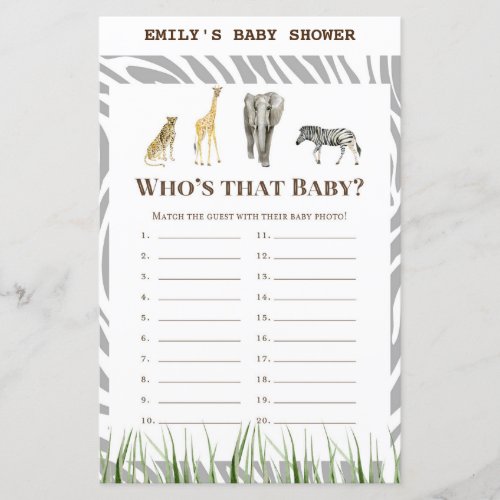 African Wild Baby Shower Game PRINTED