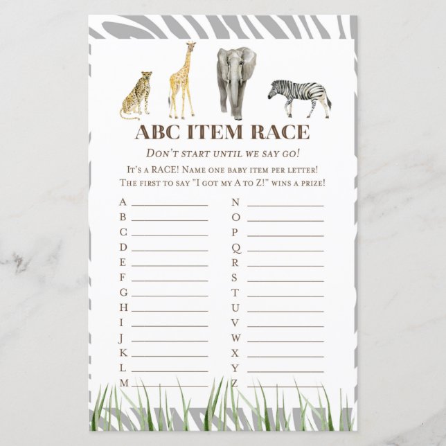 African Wild Baby Shower Game PRINTED (Front)