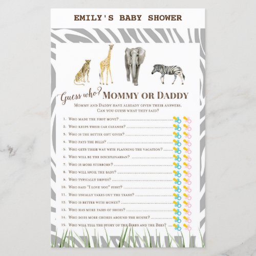 African Wild Baby Shower Game PRINTED