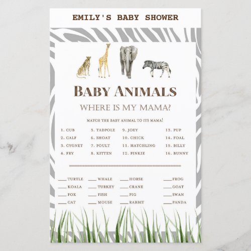 African Wild Baby Shower Game PRINTED