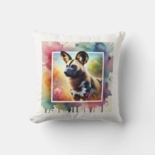 African Wild Dog 010924AREF137 - Watercolor Throw Pillow