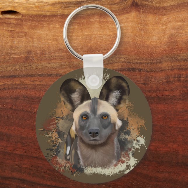 African Wild Dog Abstract Paint Splatter Wildlife Keychain (Front)
