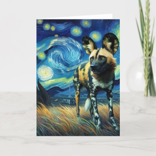 African Wild Dog Starry Night Van Gogh Card