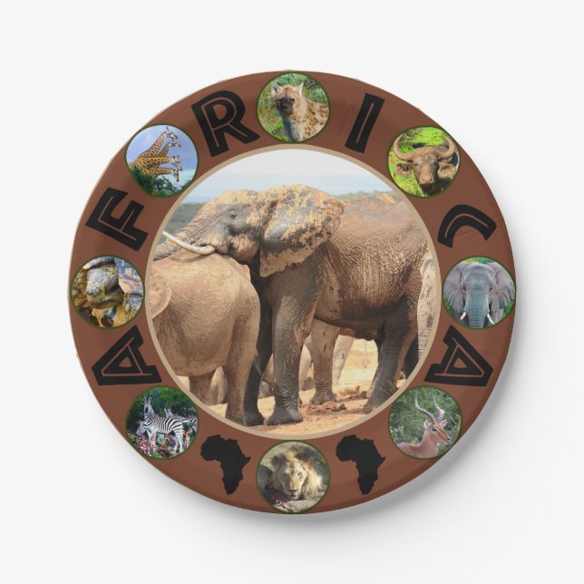 African Wildlife Circle Collage Elephant Rest Paper Plates (Front)