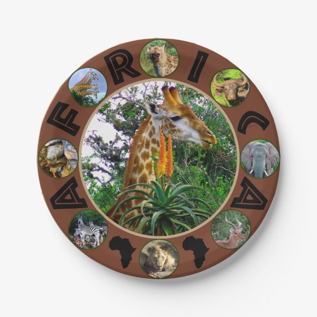 African Wildlife Circle Collage Giraffe Aloe Paper Plates (Front)