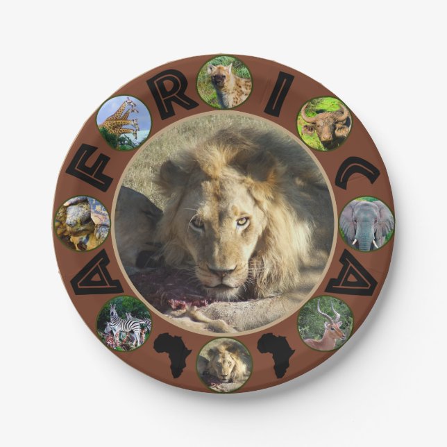African Wildlife Circle Collage Lion Stare Paper Plates (Front)