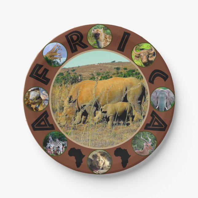 African Wildlife Circle Collage Rhino Reeds Paper Plates (Front)