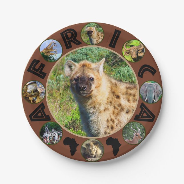 African Wildlife Circle Collage Spotted Hyena Paper Plates (Front)
