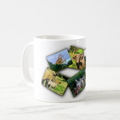 African wildlife mugs with photos of elephants, giraffes, lions, rhinos and more. gifts for wildlife lovers.