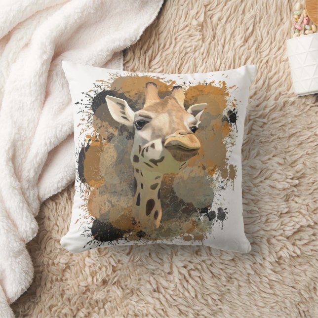 African Wildlife Giraffe Abstract Paint Splatter Throw Pillow (Blanket)