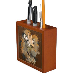 African Wildlife Giraffe Earth Tone Paint Splatter Desk Organizer