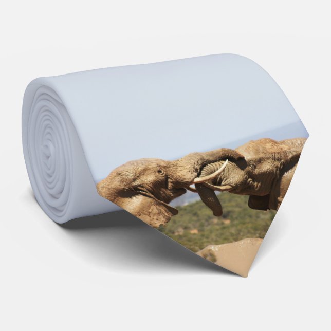 African Wildlife Photography Elephant Tussle Neck Tie (Rolled)