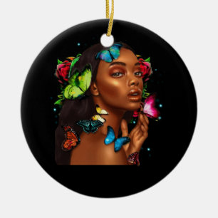 African Woman Afro American Butterflies Women Ceramic Ornament
