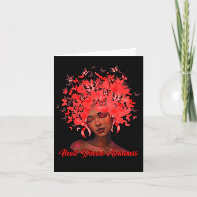 African Woman Afro Butterfly Ribbon Red Heart Dise Card (Front)