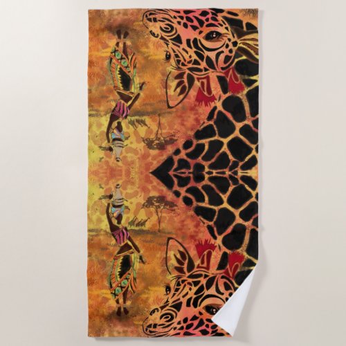 African Woman and Giraffe Beach Towel