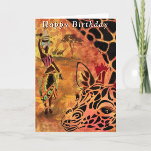 African Woman and Giraffe Birthday Cards