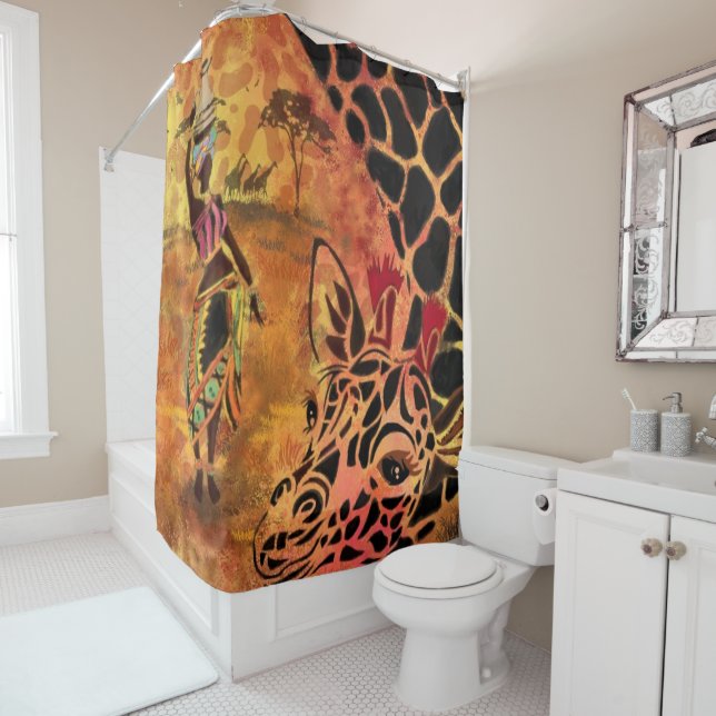African Woman and Giraffe Shower Curtain (In Situ)