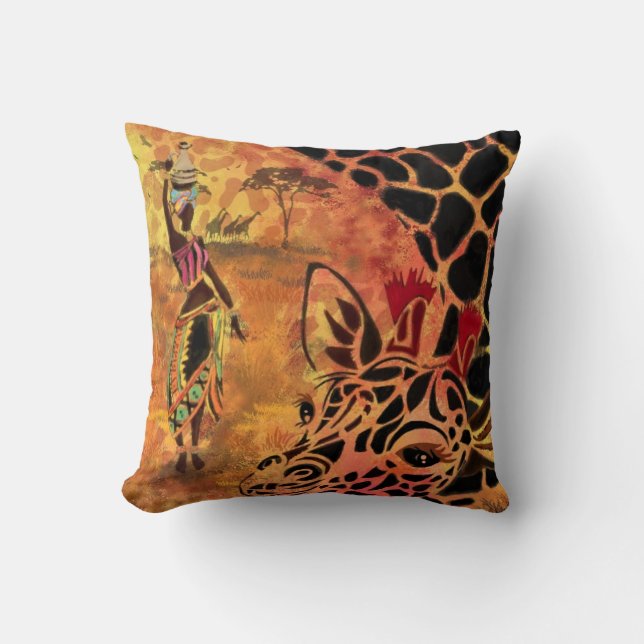African Woman and Giraffe Throw Pillow (Front)