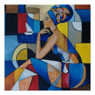 African Woman by the Sea Abstract Cubism Glossy Po Poster