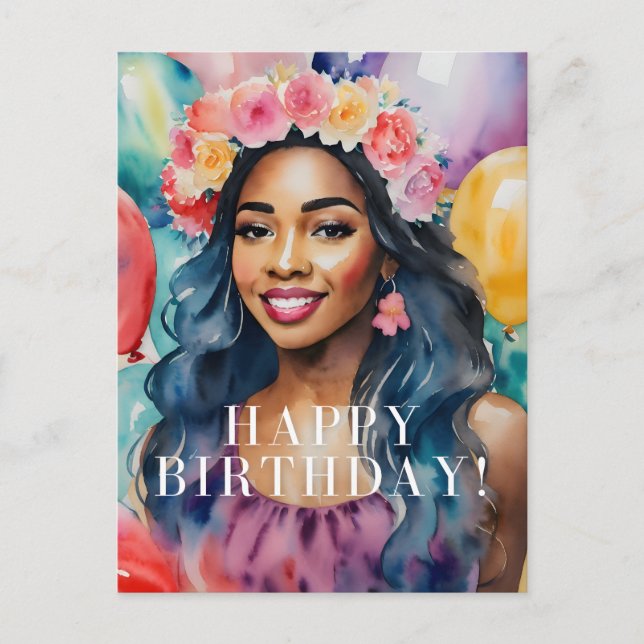 African Woman Colorful Happy Birthday Balloons Postcard (Front)