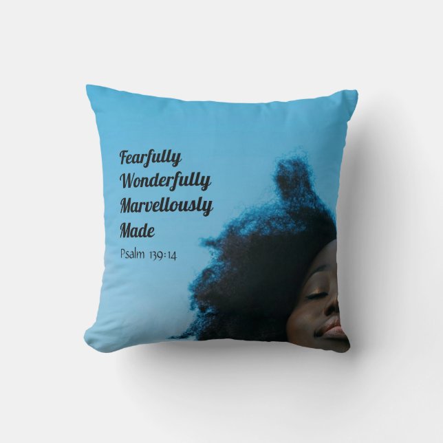 African Woman FEARFULLY MADE Christian Blue Throw Pillow (Front)