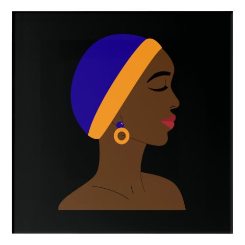 African woman in profile with blue and yellow cap acrylic print