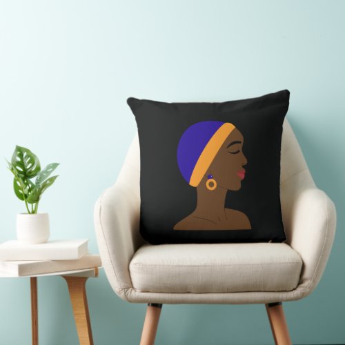 African woman in profile with blue and yellow cap throw pillow