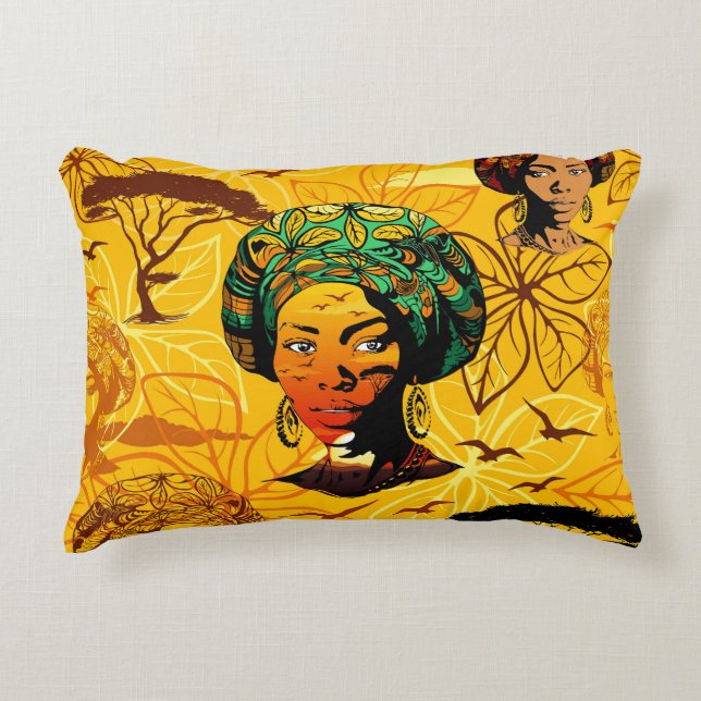 African Woman Portrait with Sunset Accent Pillow (Front)