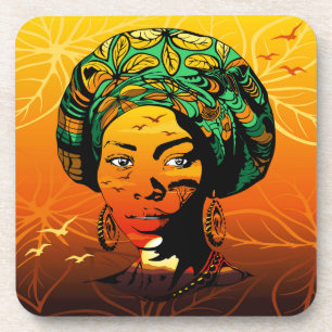 African Woman Portrait with Sunset Beverage Coaster