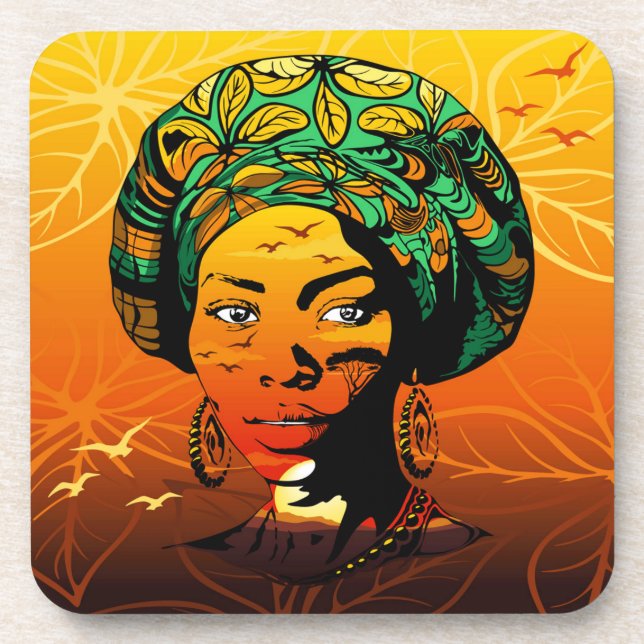 African Woman Portrait with Sunset Beverage Coaster (Front)