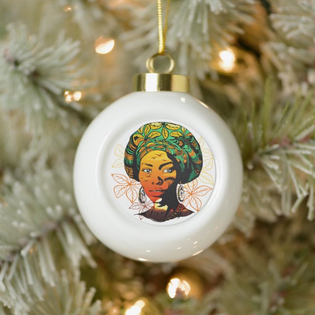 African Woman Portrait with Sunset Ceramic Ball Christmas Ornament (Tree)
