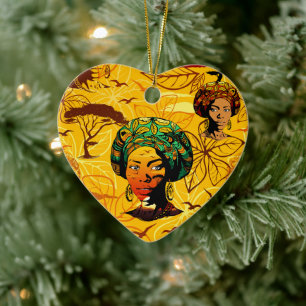 African Woman Portrait with Sunset Ceramic Ornament