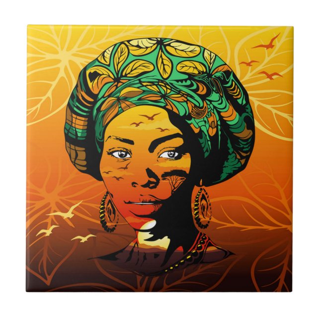 African Woman Portrait with Sunset Ceramic Tile (Front)