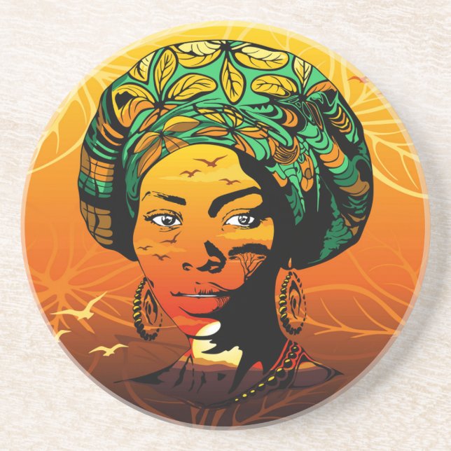 African Woman Portrait with Sunset Coaster (Front)