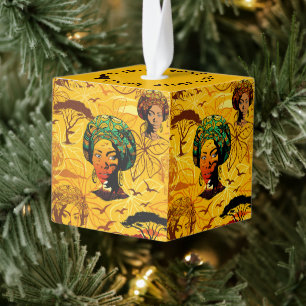 African Woman Portrait with Sunset Cube Ornament