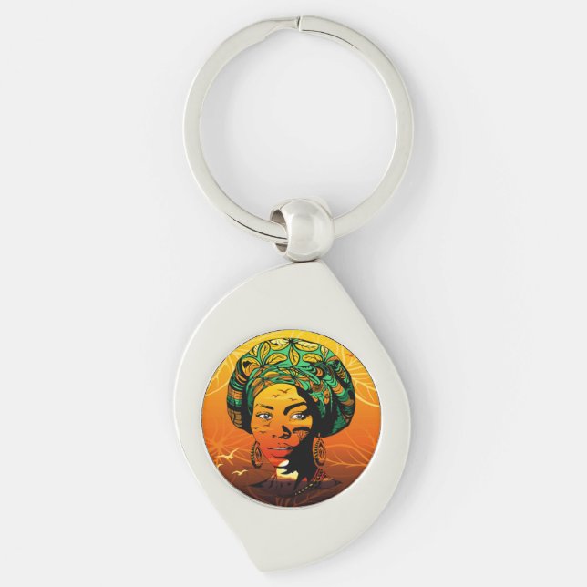 African Woman Portrait with Sunset Keychain (Front)