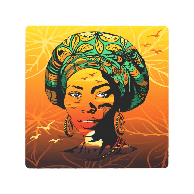 African Woman Portrait with Sunset Metal Print (Front)