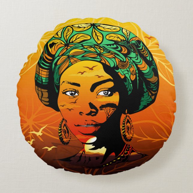 African Woman Portrait with Sunset Round Pillow (Front)
