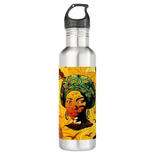 African Woman Portrait with Sunset Stainless Steel Water Bottle (Front)
