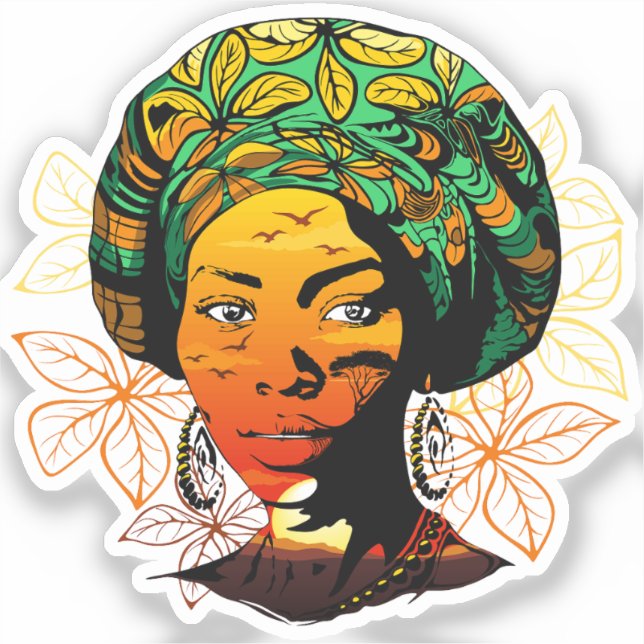 African Woman Portrait with Sunset Sticker (Front)