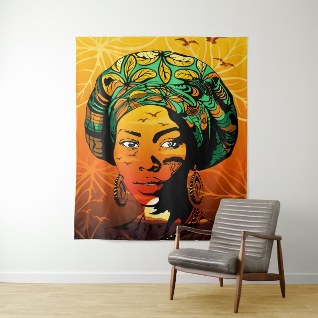 African Woman Portrait with Sunset Tapestry (In Situ)