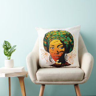 African Woman Portrait with Sunset Throw Pillow