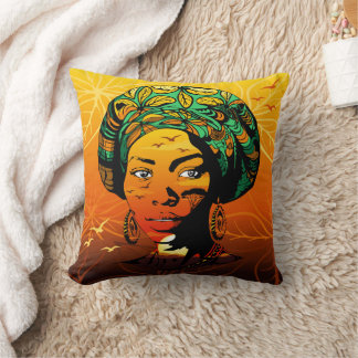 African Woman Portrait with Sunset Throw Pillow