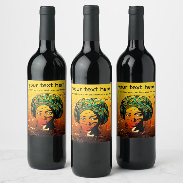 African Woman Portrait with Sunset Wine Label (Bottles)